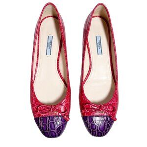 PRADA St. Cocco Bicolo Croc Embossed Leather Bow Flats in Red/Purple - EU Sz 40